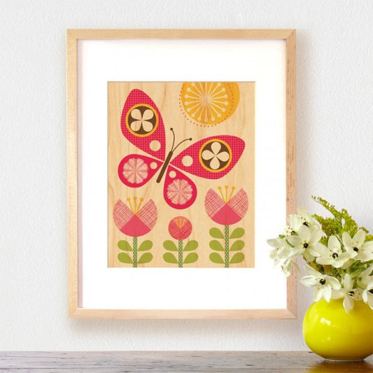 Petit Collage Wood Print - Pink Butterfly